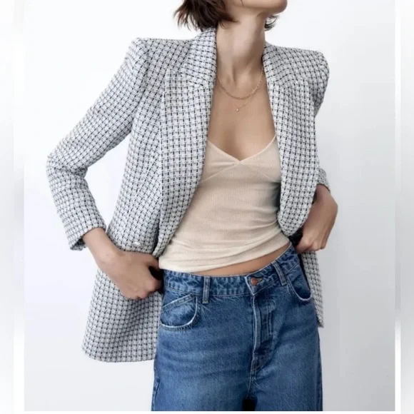 Zara Woman Double Breasted Texture Weave Tweed Blazer Jacket Blue White Size S - Picture 4 of 14